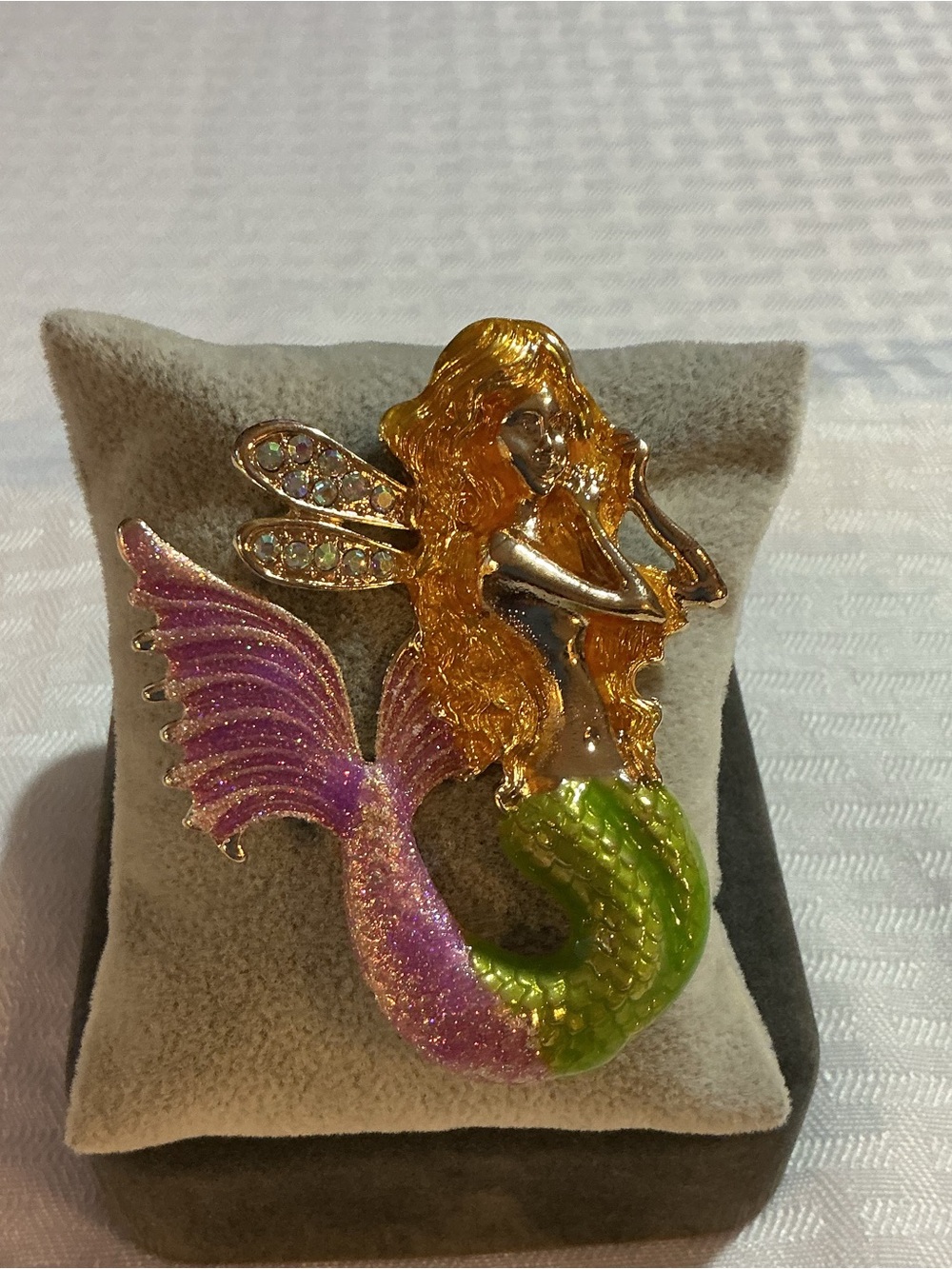 Mermaid Glitter Enamel Fairy Winged Siren Aurora Borealis Gold Tone Brooch